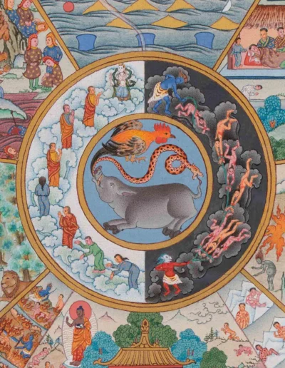 Wheel of Life / Bhavachakra detail: the three poisons are represented in the center of the wheel of life as a pig, a bird, and a snake.